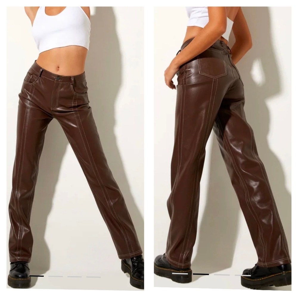 Motel Faux Leather Parara Trousers in Chocolate Brown, Contrast Stitching, EUC!